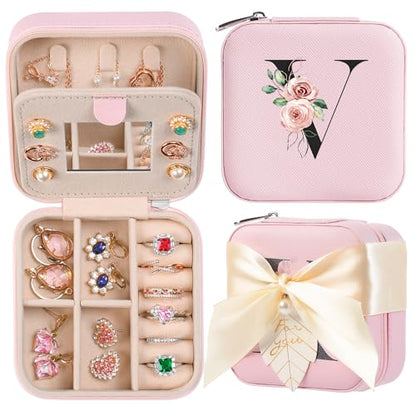 AYGXU Travel Jewelry Box for Women and Girls - Small Case With Initial A-Z - Teacher Gifts - color: pink, size: V