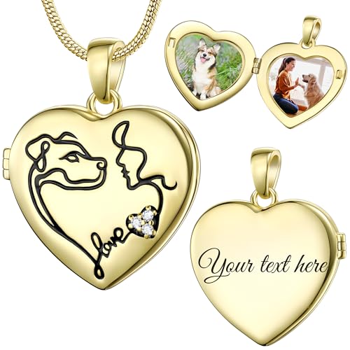 Fanery Sue Personalized Pet Locket Picture Necklace,Dog Cat Memory Gift | Custom Engraved Heart Photo Lockets Necklaces,Dog Cat Sympathy Memorial Jewelry for Women Men - color: Golden, style: Dog Mom