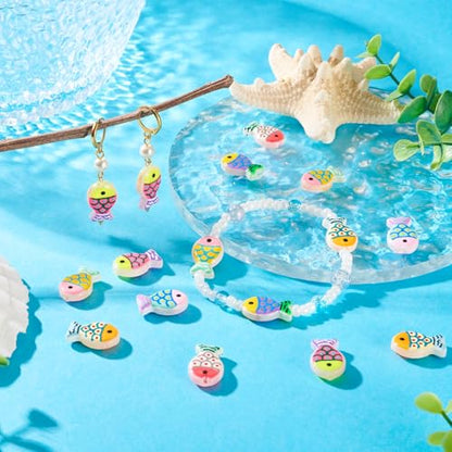 Cheriswelry 12Pcs Fish Lampwork Glass Beads Cute Fish Print Loose Spacer Beads Ocean Animal Bead 20x13mm for DIY Bracelet Necklace Earring Jewelry Making - color: 6 Color