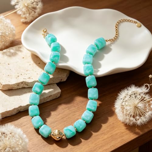 Chunky Beaded Necklace for Women,Square Resin beads boho Choker Necklace with gold-tone spacers,Fashion Trendy Summer Beach Party Necklaces Handmade Surfer Beach Necklaces Jewelry Gifts - color: Green