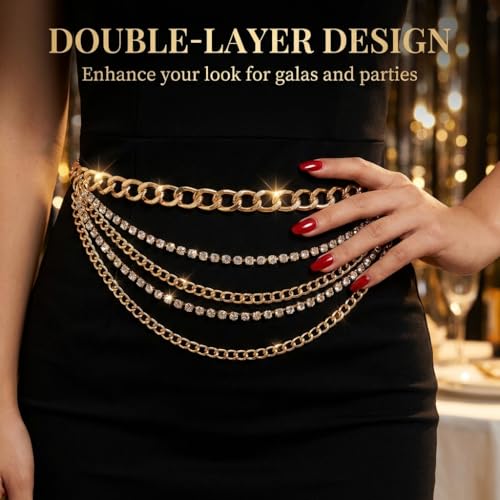 Waist Chain for Women - Silver Body Chain Crystal Body Jewelry, Stylish Adjustable Belt for Summer Beach Bikini Rave Festival Outfit Accessories - color: Gold-1