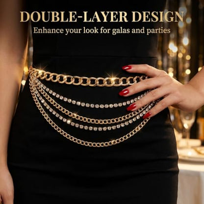 Waist Chain for Women - Silver Body Chain Crystal Body Jewelry, Stylish Adjustable Belt for Summer Beach Bikini Rave Festival Outfit Accessories - color: Gold-1