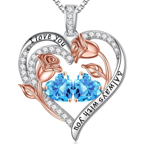 Iefil Birthstone Necklace for Women - Rose Heart Necklace | 925 Sterling Silver, Gift Box Packaging, Anniversary Birthday Gifts for Wife Mom Daughter - color: 03-03-Mar-Mar Birthstone