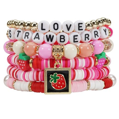 Twinfree Bohemian Cute Fruit Banana Cherry Strawberry Pineapple Mango Polymer Clay Beaded Stackable Stretch Bracelets - color: Color 2