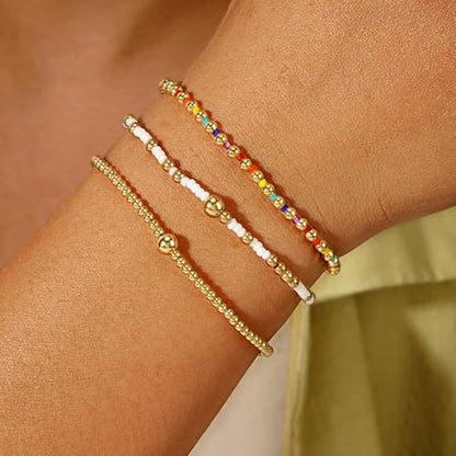 Dainty Gold Plated Tiny Ball Colorful Beaded Stack Bracelets Sets for Women,3Pcs Stackable Cute Bracelet Stretch Trendy Ball Jewelry Friendship Gift - color: Colorful
