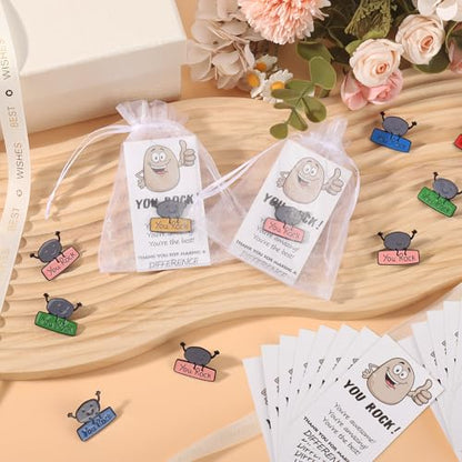 SINCCO 25/50/100 Sets Employee Appreciation Gifts Bulk, Funny You Rock Employee Of The Month Enamel Pins With Thank You Cards Small Inspirational Lapel Pins for Coworkers Office Staff Team Building