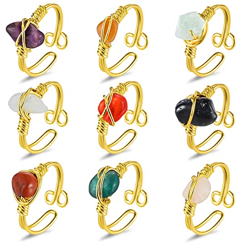 9 PCS Healing Crystal Ring, Adjustable Wire Wrapped Rings Irregular Gemstone Rings Set for Women - color: Gold-Style B