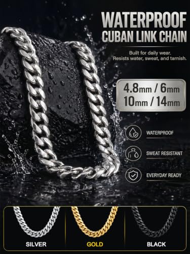 ChainsPro Stainless Steel Mens Cuban Link Chains, Hip Hop Miami Necklace | Daily Wear Jewelry with Gift Box, Silver/Gold Plated/Black, Sweatproof & Waterproof, Hypoallergenic Men Chains, No Tarnish - color: Silver