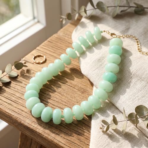 Chunky Acrylic Beaded Necklace for Women, Boho Oversized Disc Fake Turquoise Resin Bead Chain Statement Choker Lightweight Adjustable Summer Beach Jewelry Gift - color: Chunky Disc Green