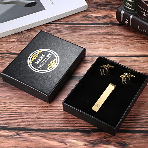LOYALLOOK Black Initial Cufflinks and Tie Clip Set for Men Personalized Copper Cuff links and Tie Bar Letter Alphabet A-Z Gift for Father Husband Valentine Gifts for Men - color: R
