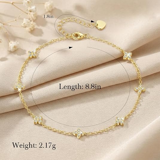 14K Gold Flower Ankle Bracelets for Women with Cubic Zirconia Four-Leaf