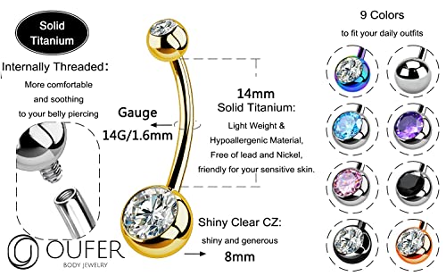 OUFER Titanium Belly Button Rings, Internally Threaded Belly Ring, Round CZ Navel Rings for Women Men - color: Gold, size: 1.6*14MM