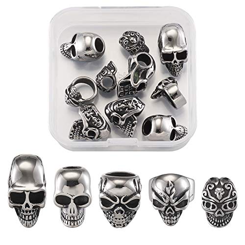 Elecrelive 10Pcs Skull Head Large Hole Beads Skeleton Skull Stainless Steel Spacer Beads 5 Styles Halloween Bracelet Charms for Gothic Bracelets Earrings Jewelry Making - color: Antique Silver-10pcs
