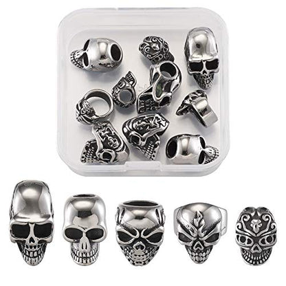 Elecrelive 10Pcs Skull Head Large Hole Beads Skeleton Skull Stainless Steel Spacer Beads 5 Styles Halloween Bracelet Charms for Gothic Bracelets Earrings Jewelry Making - color: Antique Silver-10pcs