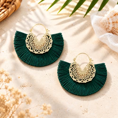 Tassel Hoop Earring Statement Thread Dangle Earrings Stylish Long Fringe Drop Earrings Lightweight Long Swingy French Hook Earrings for Women - color: A Green