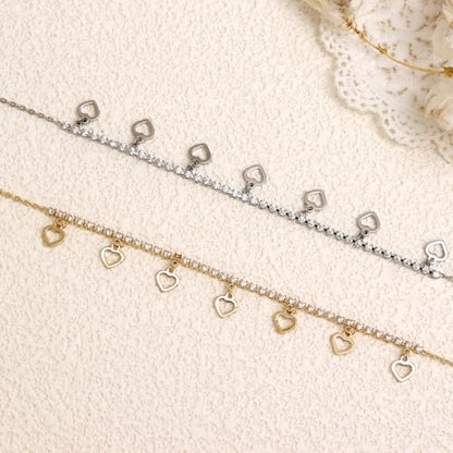 Silver Heart Charm Link Anklet for Women, Adjustable Handmade Cubic Zirconia Stackable Waterproof Summer Beach Chain Anklets Jewelry Accessories Gift - color: Silver Hollowed Heart