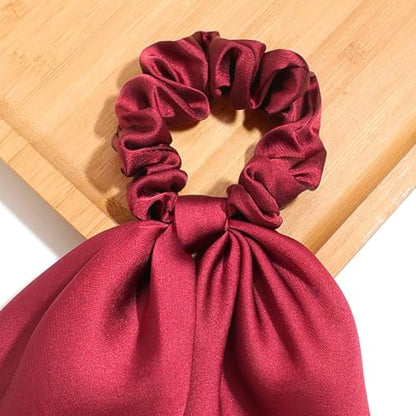 Pack of 2 Knotted Bow Hair Scrunchies Elastic Hair Scarf Hair Ties Bands Satin Hair Ribbon Scrunchy Red Ponytail Holder for Women and Girls, Hair Scarf Scrunchies, Hair Accessories (Burgundy) - color: Burgundy