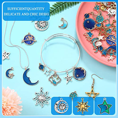 Hicarer 160 Pcs Bracelet Charms, Mixed Antique Sun Star Moon Charm Pendant Plated Enamel Celestial Charm for Jewelry Making
