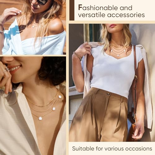 MPRAINBOW Gold Layered Necklace for Women - 3Pcs 18K Gold Plated Floral Necklaces, Stainless Steel Stackable Cuban Link Chain Non Tarnish Trendy Jewelry, Herringbone Chains Christmas Birthday Gifts - color: White 02