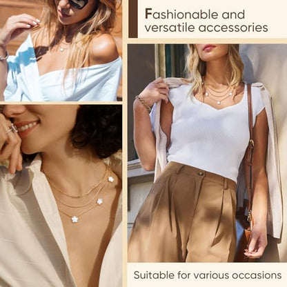 MPRAINBOW Gold Layered Necklace for Women - 3Pcs 18K Gold Plated Floral Necklaces, Stainless Steel Stackable Cuban Link Chain Non Tarnish Trendy Jewelry, Herringbone Chains Christmas Birthday Gifts - color: White 02