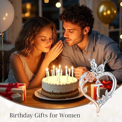 TOUPOP Gifts for Women Her 925 Sterling Silver Rose Heart Initial Necklace Butterfly Heart Jewelry Anniversary Birthday Gifts for Wife Girlfriend Mom - color: T Initial