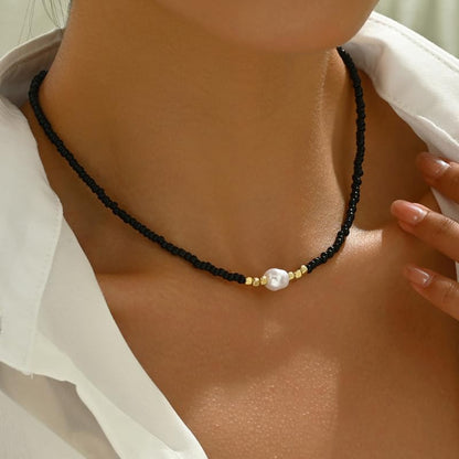 Faux Pearls Necklace Irregular Woven Beads Design, Adjustable Length, Multicolor Seed Beads for Everyday, Beach, Layering - color: Black