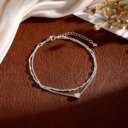 Ankle Bracelets for Women,Dainty 14k Gold/Silver Plated Anklets for Women Waterproof Cuban Link Heart Beads Layered Ankle Bracelet Set Summer Beach Jewelry for Women Gold Jewelry Non Tarnish Gifts - color: Silver-1
