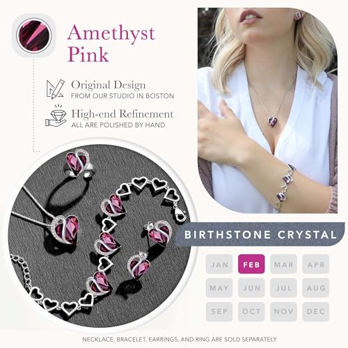 Leafael Necklace Gift Set for Women, Infinity Love Birthstone Heart Pendant with Matching Earrings and Bracelet, for Mom and Wife, Silver Plated - color: 02a-Set-February-Amethyst Pink