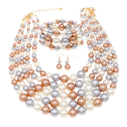 JNF Large Faux Pearl Necklaces for Women Multi strand Pearl Necklace Bracelet and Earrings Set 1920s Costume Pearls Necklace Jewelry Accessories - color: pearl necklace set champagne