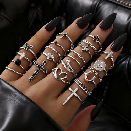 Gold Rings for Women Non Tarnish Stackable Rhinestone Moon Star Rings Dainty Stacking Pearl Butterfly Midi Pinky Thumb Joint Finger Knuckle Ring Set Gold Non Tarnish Jewelry Gifts Trendy Stuff - color: K Silver Stackable Rings 22Pcs