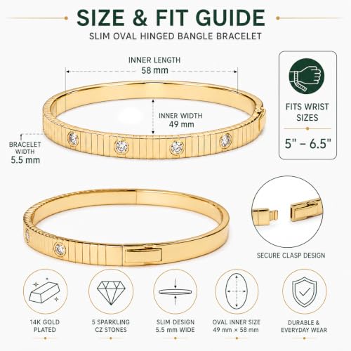 AuraLyric Gold Bracelets for Women, 14K Gold Plated Nail/Love/Emerald Green/Teardrop/Round White CZ Bangle Bracelets, Stackable Gold Bangles Non Tarnish, Gifts for Wife Mom Daughter 6.5 Inch - color: White CZ - Bezel Set