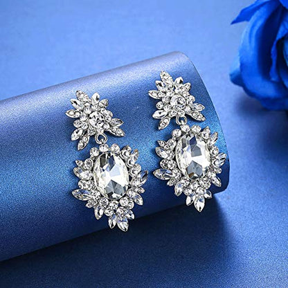 Flower Teardrop Bridal Wedding Dangle CZ Earrings in Silver/Gold Tone for Women Girl Bride Gift … - color: A-Clear