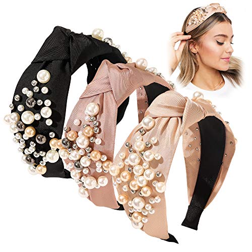 Ivyu Headbands - Knotted Pearl Diademas Para Mujer De Moda Hair Accessories Hairbands for Girls No Slip Fashion Cute Top Knot Headband Gift for Women Black Pink Gold - color: Black Pink Beige