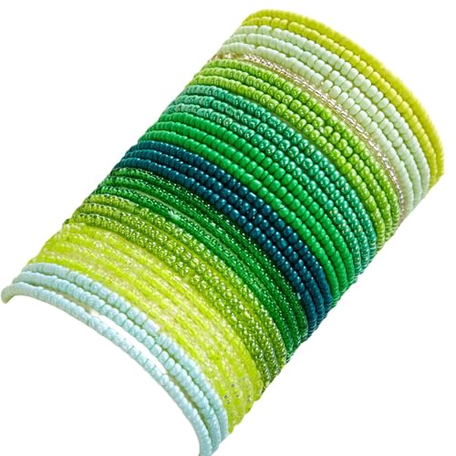 16-30Pcs Handmade Bohemian Colorful Crystal Seed Beads Stackable Adjustable Elastic Stretch Multilayerd Bracelets for Women Summer Vacation Beach Boho Bangle Jewelry - color: green