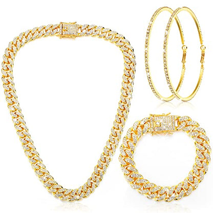 Batiyeer 3 Pcs Cuban Link Chain Necklace Bracelet Rhinestone Hoop Earrings Bling Crystal Hip Hop Jewelry for Women(24 Inch,Gold) - color: Gold, size: 24 Inch