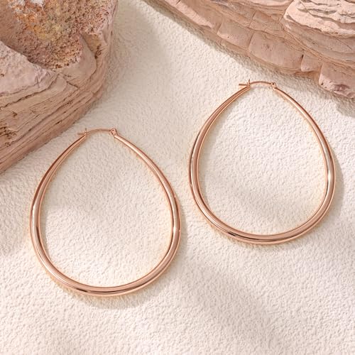 Gacimy Chunky Hoop Earrings for Women, 14K Gold Plated Oval Hoop Earrings with 925 Sterling Silver Post - color: Rose Gold, size: 70mm