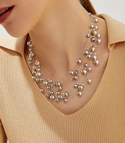 FULU AUTUMN Layered Pearl Necklace Multi-strand Pearl Choker Necklaces for Women Beaded jewelry for Wedding Parties - color: 37-Champagne