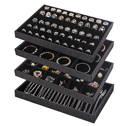Julysky 4 Pcs/set Stackable Jewelry Organizer Trays for Drawer,100 Slots Ring Tray，Necklace Tray,12 Grid,24 Grid Jewelry Displays for Selling,Black - size: 100slot+Necklice+12grid+24grid