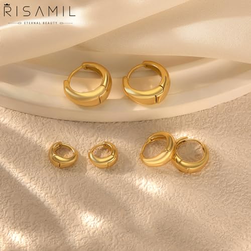 Risamil 3Pairs Gold Hoop Earrings for Women Trendy, 14K Gold Plated Hoops Huggie Earrings Dainty Chunky Earring Stacks Cute Earring Set Gold Jewelry Set for Women Gifts Fashion Accessories - color: 3 pair gold hoop earrings
