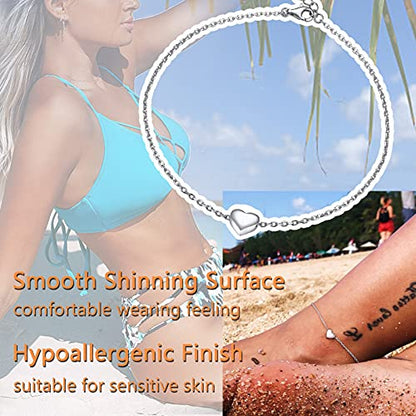 PROSILVER 925 Sterling Silver Ankle Bracelets For Women, Stylish Chain Anklets, Summer Beach Jewelry, 8.6-10.6 Inch Adjustable, Come with Box - style: 01 Heart Anklet