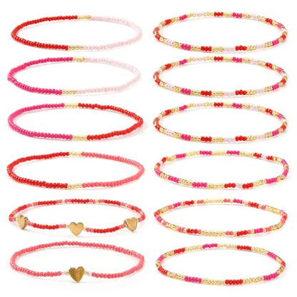 Gold Beaded Bracelets Stack for Women Stocking Stuffers 12PCS Boho Gold Plated Seed Beads Bracelet Stretch Star Stackable Accessories Jewelry Friendship Fall Christmas Gifts for Women - color: Heart Pink
