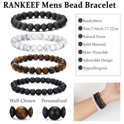Mens Bead Bracelet Set - Adjustable Elastic Rope With 6&8MM Natural Stone Multi-Colored Beads - Tiger Eye Bracelets for Men - Gift - style: 4,white,black,tiger eye bracelet