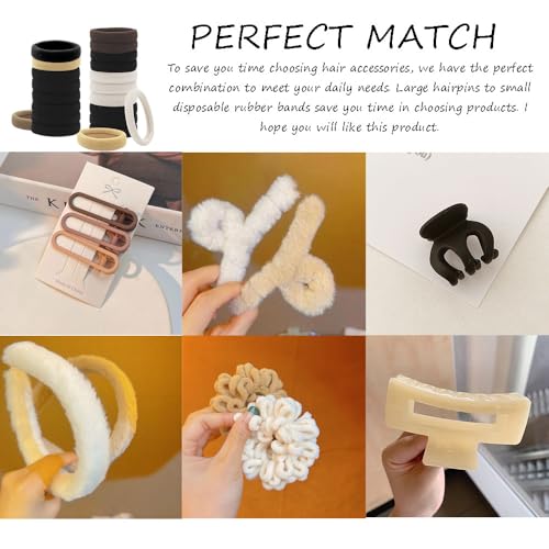 Ouliget Hair Accessories Set for Women, Fuzzy Hair Bands Fuzzy Headband Acrylic Claw Hair Clips Nonslip Jaw Clip Elastic Hair Band,Neutral Colors Winter Hair Accessories,31 Pieces