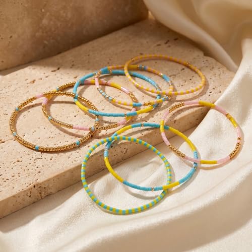 Colorful Stackable Rice Small Mini Seed Beaded Bracelets Set For Women, Handmade Dainty Boho Gold Glass Stretch Accessories Jewelry,Summer Beach Party Daily Friendship Gift - color: 8Pcs Blue Yellow