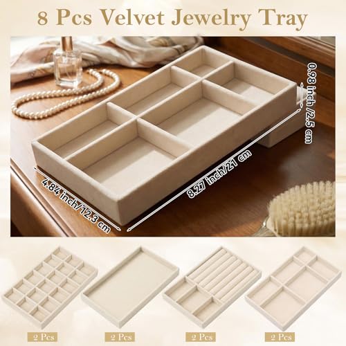 Set of 8 Velvet Jewelry Trays, Stackable Jewelry Organizer | Jewelry Drawer Inserts Divided Display Trays for Earring, Necklace, Ring, Bracelet (4 Styles, Beige)