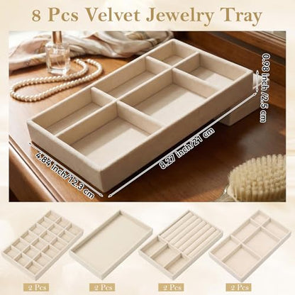 Set of 8 Velvet Jewelry Trays, Stackable Jewelry Organizer | Jewelry Drawer Inserts Divided Display Trays for Earring, Necklace, Ring, Bracelet (4 Styles, Beige)