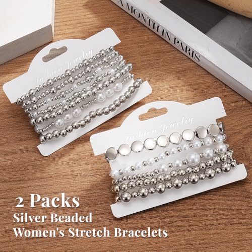 KISS WIFE Gold Beaded Bracelets for Women, Stackable Stretch Bracelet Set | 13 stretch bracelets combine polished gold-tone beads and faux pearls for stacked or individual everyday styling. - color: Silver