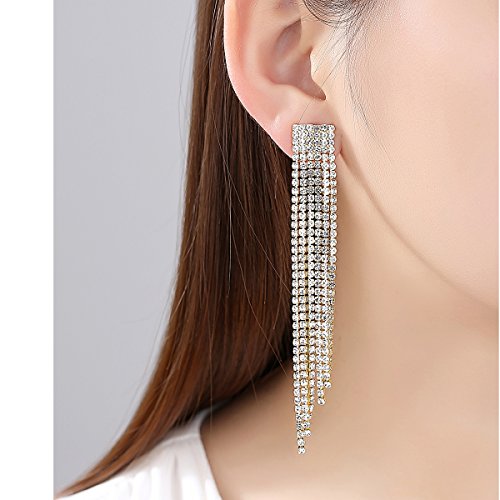 Silver Rhinestone Crystal Bridal Chandelier Long Tassels Dangle Earrings for Wedding - color: A-gold earring