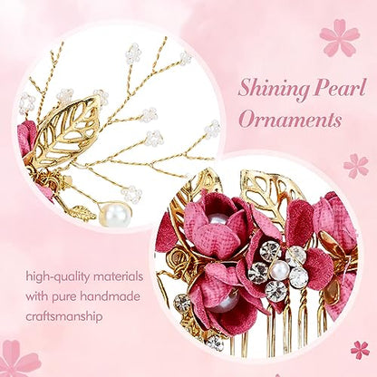 Cinaci 18 Pieces Bridal Wedding Party Prom Pearl Rhinestone Rose Red Flower Hair Side Combs Slides+U-shaped Flower Hair Pins+Twist Spiral Hairpins Floral Headpieces for Brides Bridesmaids Women Girls - color: Rose Red