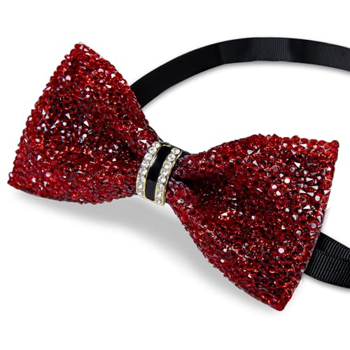 DiBanGu Mens Rhinestone Bow Tie with Ring and Lapel Pin Set | Adjustable Strap,Pre-tied Style,3PCS,Sequin Diamond Bowties，Solid/Mix Color,Shiny Accessory,for Party Prom Banquet Wedding - color: Red